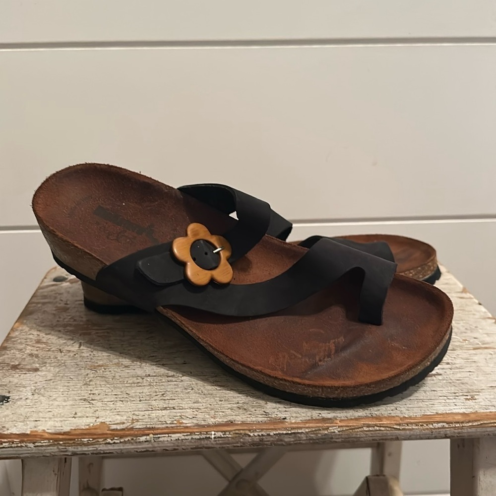 BIONATURA by BOS & CO. Cork Wedge Sandal Shoes Wooden Flower Buckle size 41